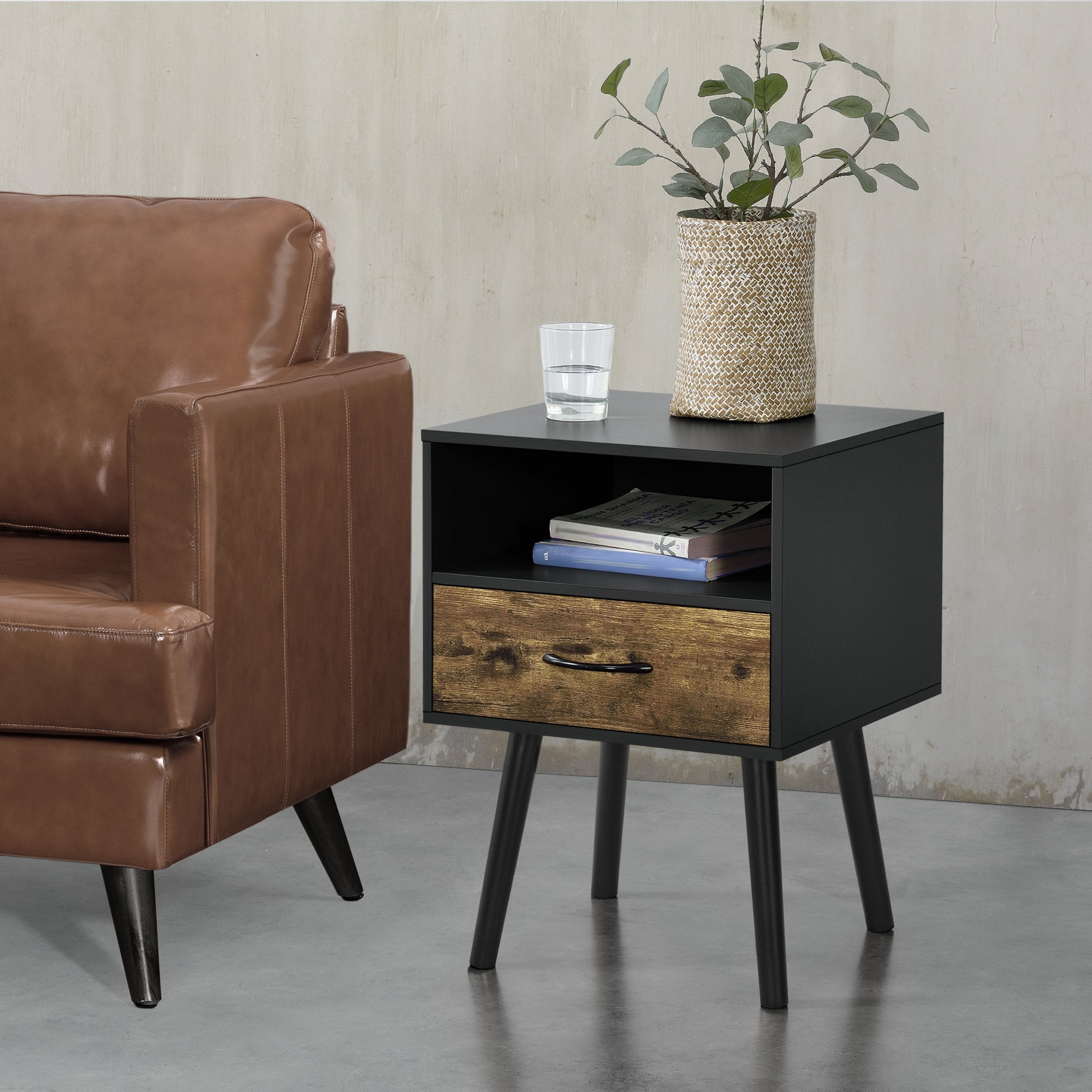 Set Gävle di 2 Comodini con Cassetto e Scomparto - Nero / Effetto Legno Scuro [en.casa]