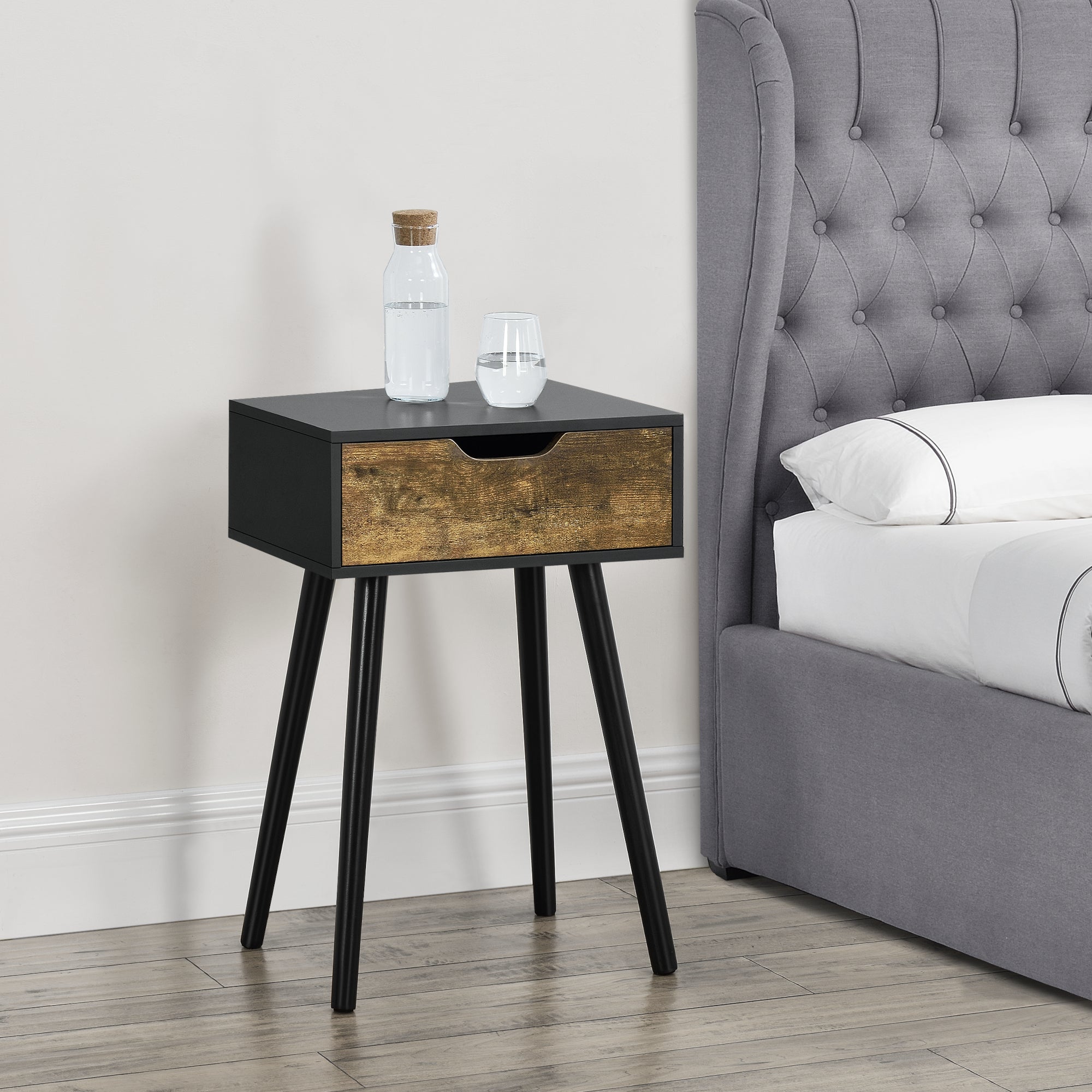 Set Östersund di 2 Comodini con Cassetto - Nero / Effetto Legno Scuro [en.casa]