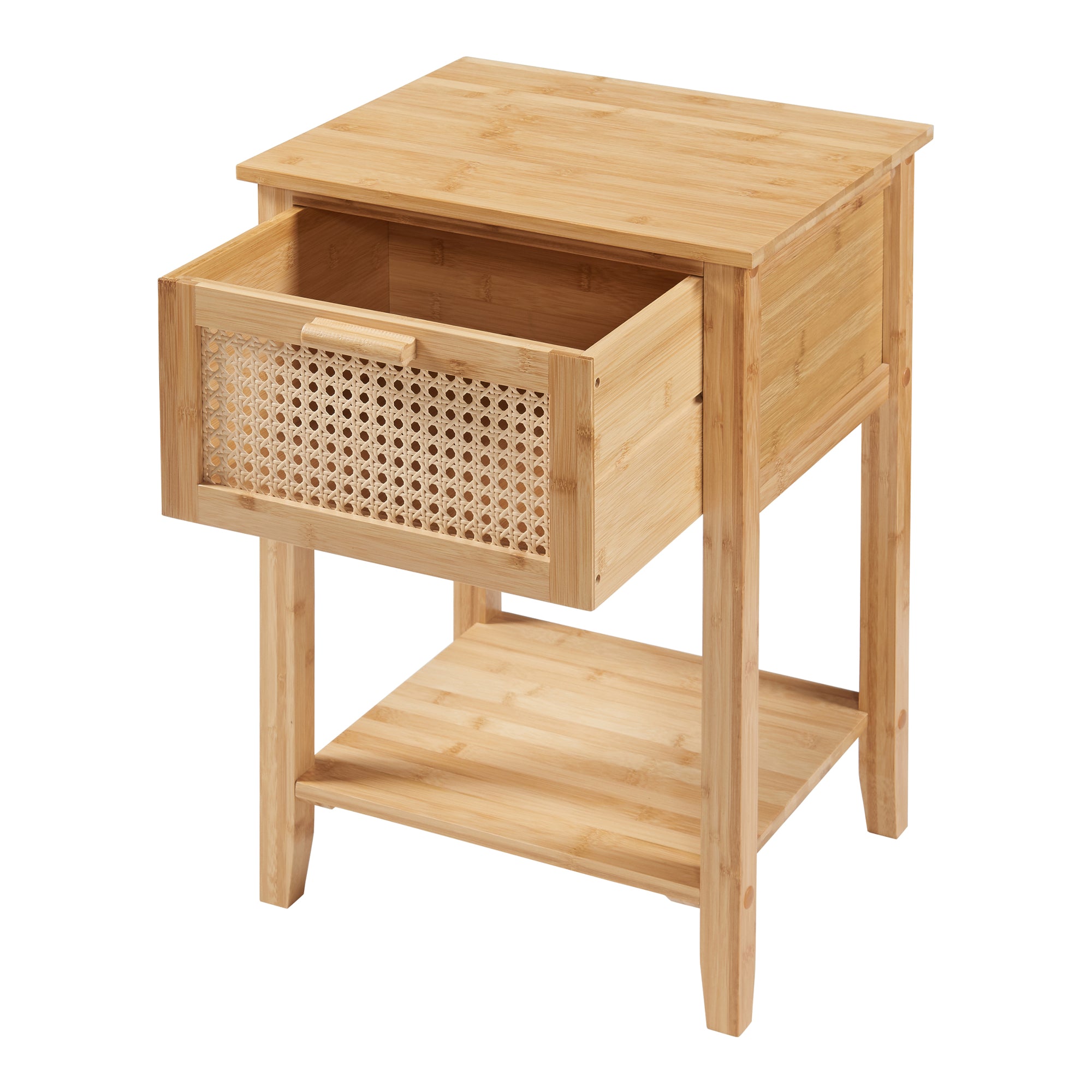 Comodino in Bambù Leirfjord con Cassetto e Ripiano - Colore Naturale/ Effetto Rattan [en.casa]