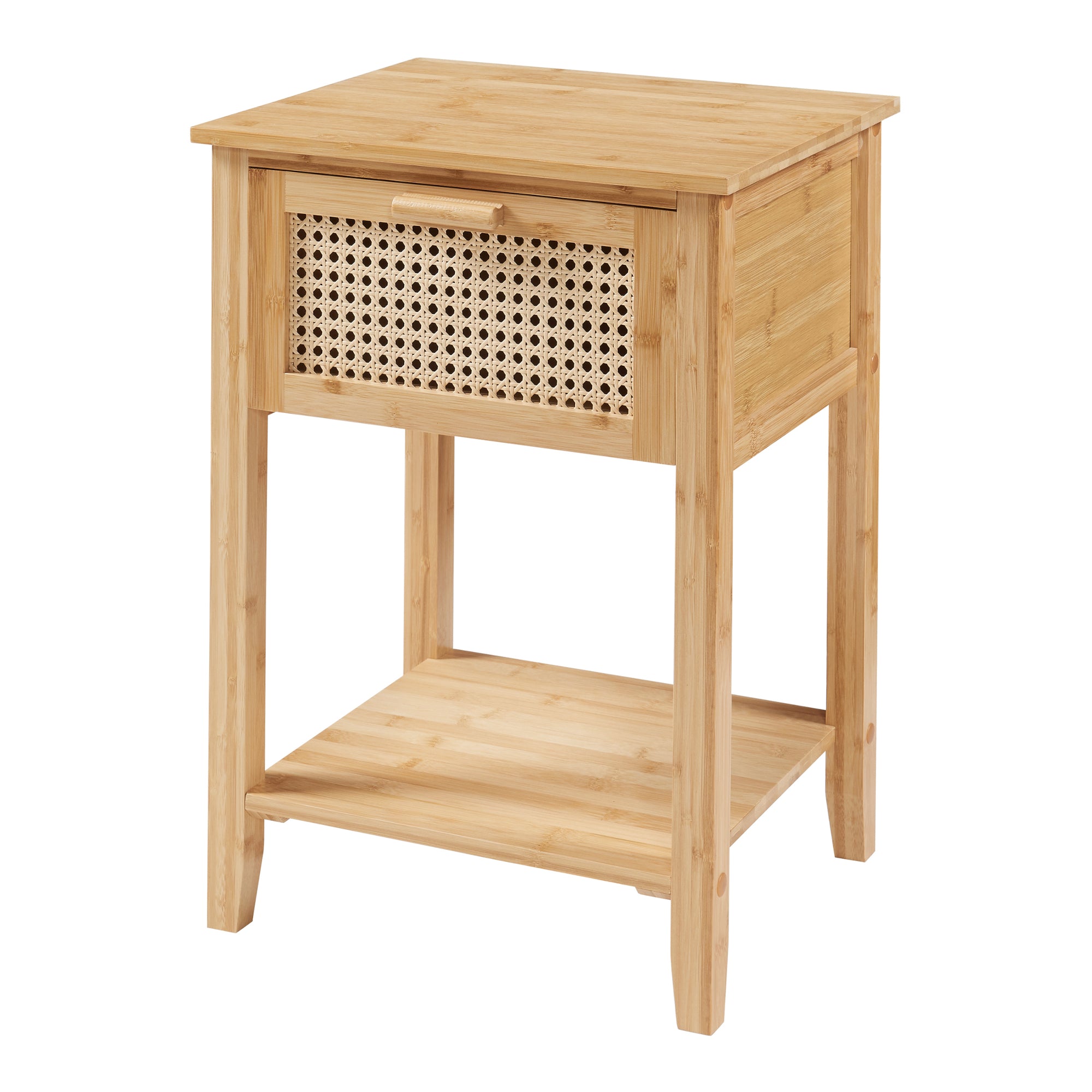 Comodino in Bambù Leirfjord con Cassetto e Ripiano - Colore Naturale/ Effetto Rattan [en.casa]