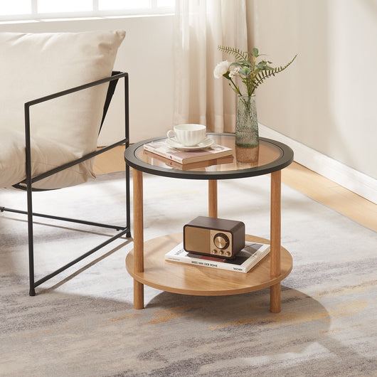 Tavolino Rotondo Latama a Piano in Vetro Fumé Bronzo - Naturale/Nero [en.casa]