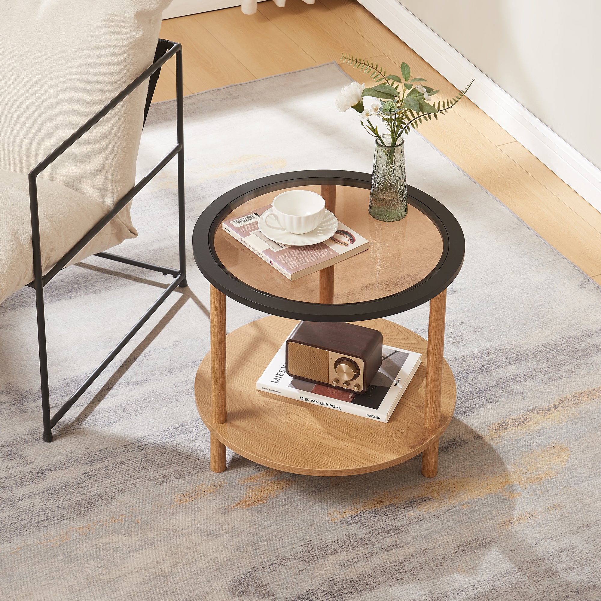 Tavolino Rotondo Latama a Piano in Vetro Fumé Bronzo - Naturale/Nero [en.casa]