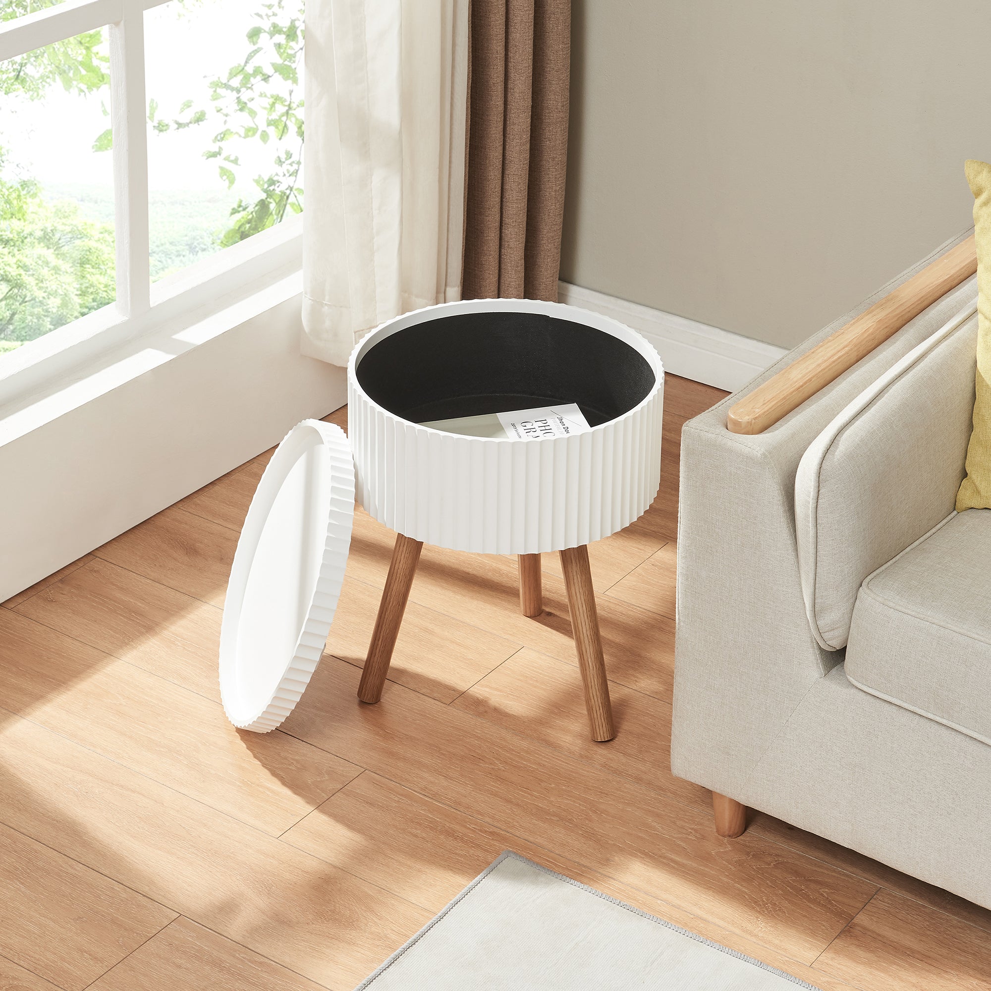 Tavolino Basso Bongard a Piano Rotondo Rimovibile e Contenitore -  Bianco [en.casa]