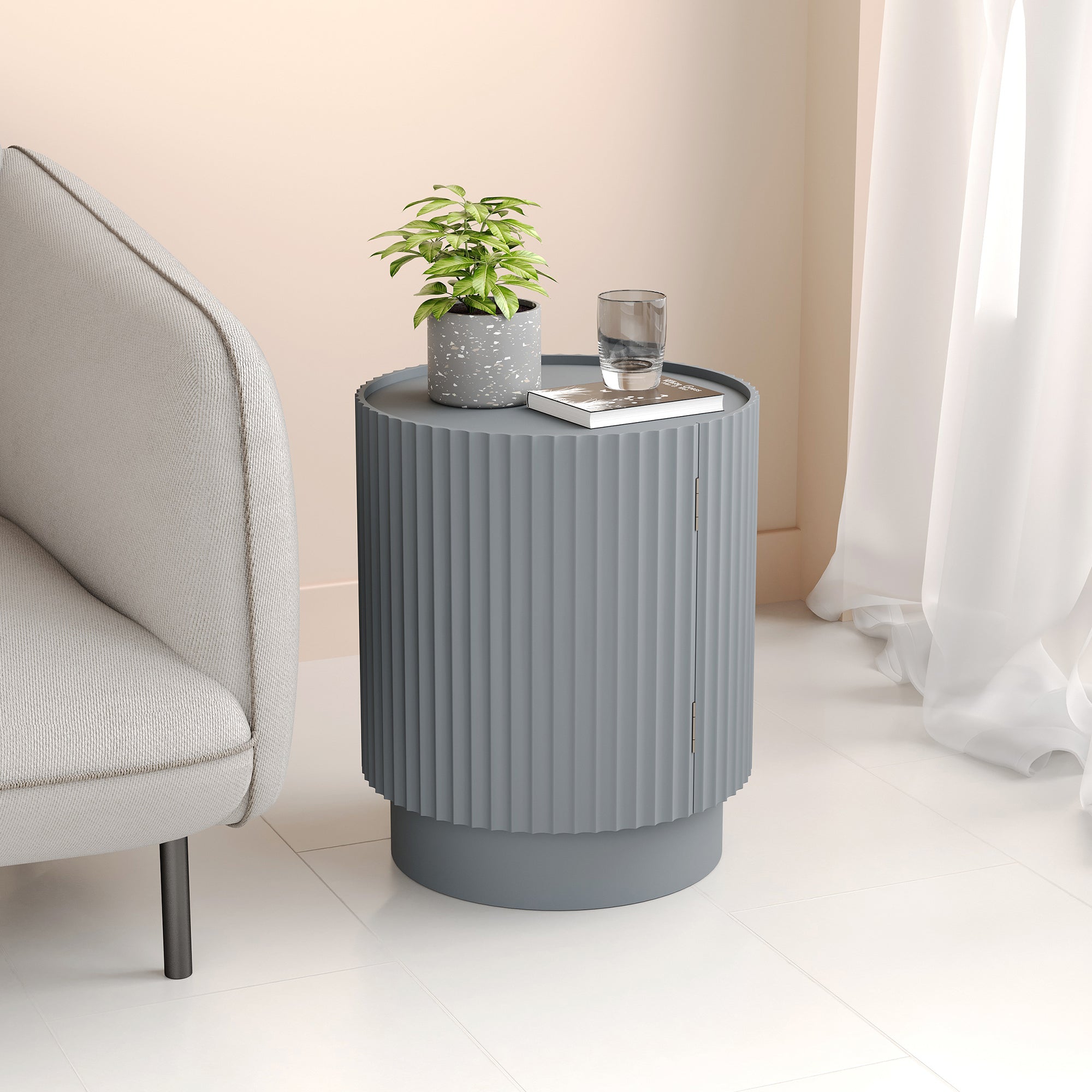 Tavolino Rotondo Rill con Anta e Scomparti Interni 49 x Ø40 cm - Grigio [en.casa]