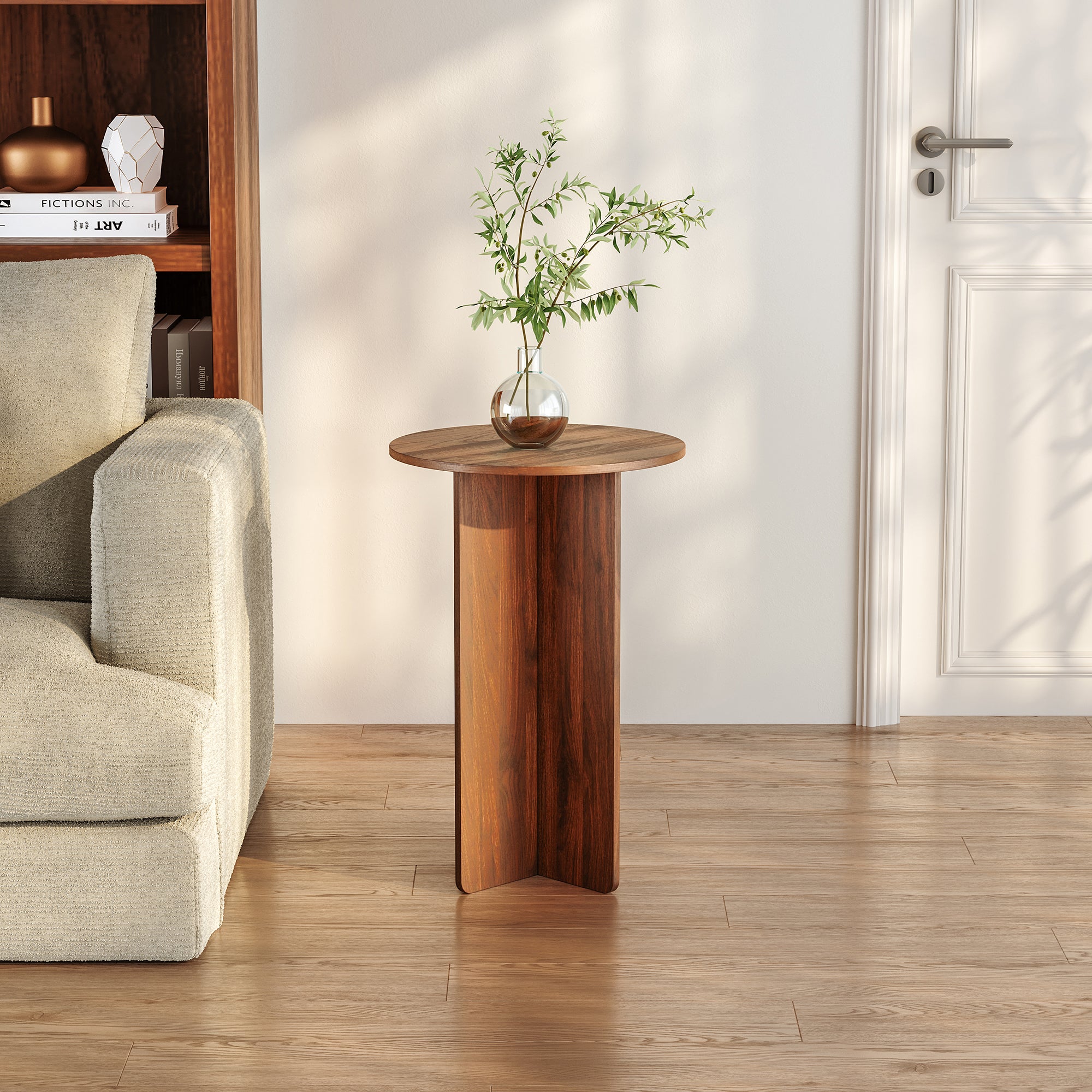 Tavolino Laterale Vappevn con Piano Rotondo 60 x Ø40 cm - Effetto Noce [en.casa]