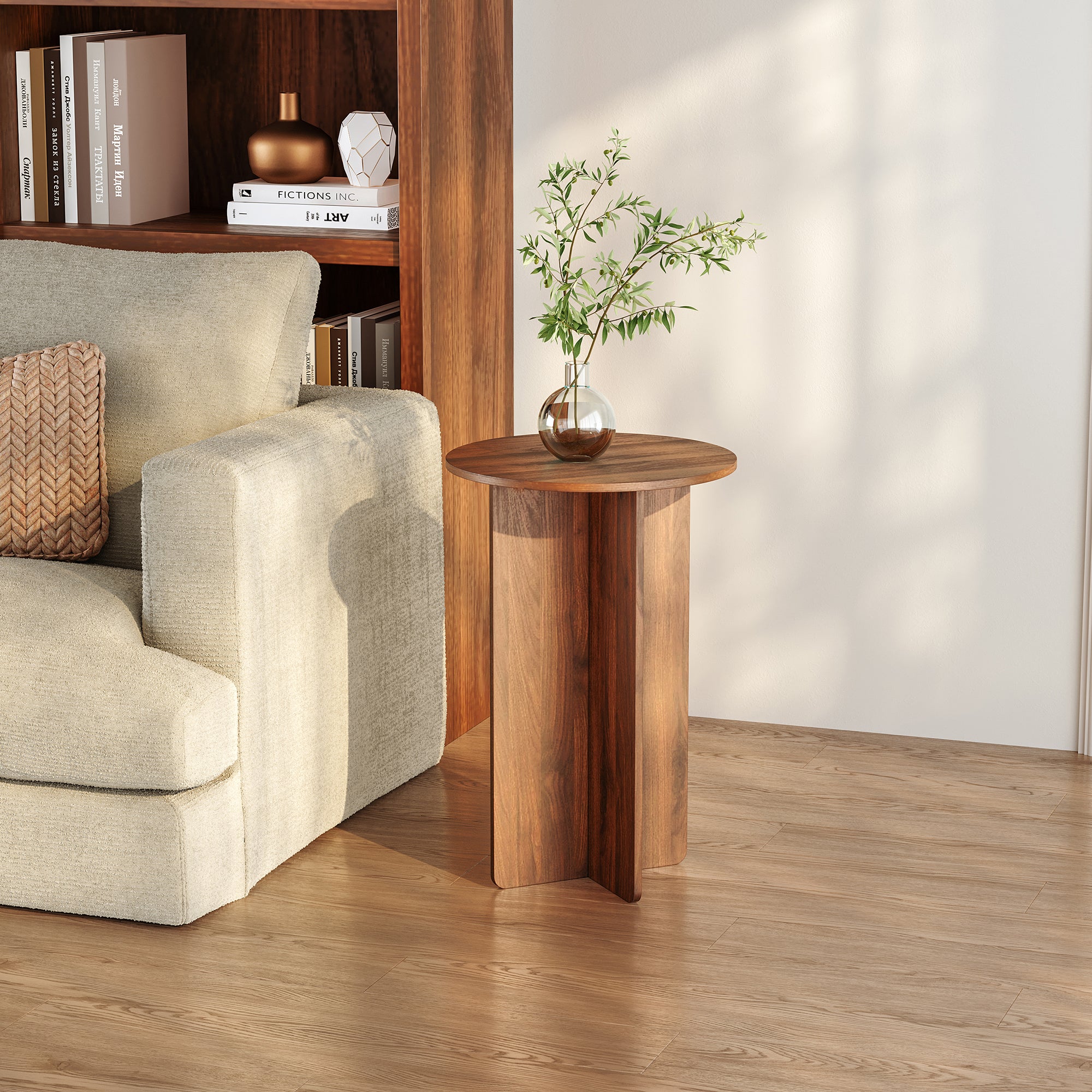 Tavolino Laterale Vappevn con Piano Rotondo 60 x Ø40 cm - Effetto Noce [en.casa]