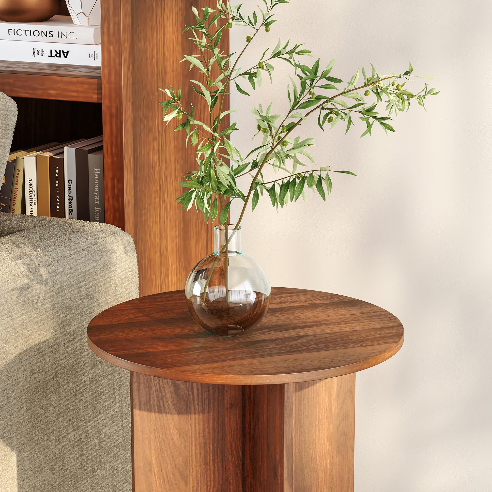 Tavolino Laterale Vappevn con Piano Rotondo 60 x Ø40 cm - Effetto Noce [en.casa]