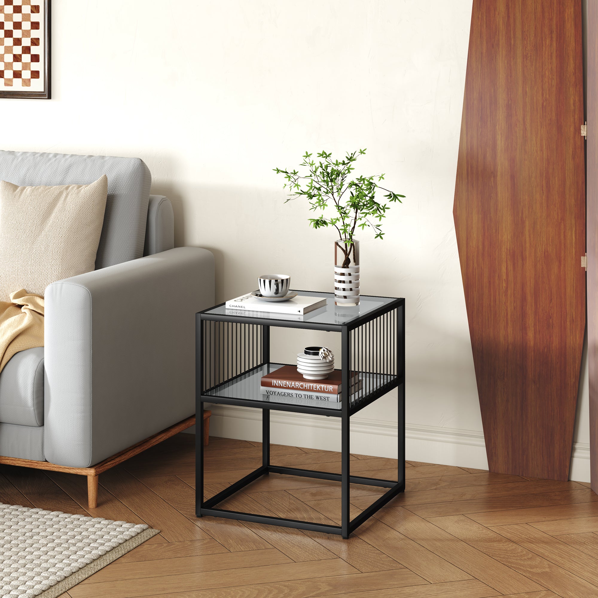 Tavolino Laterale Tronevn con Piano e Ripiano in Vetro Temperato 50 x 40 x 40 cm - Nero [en.casa]