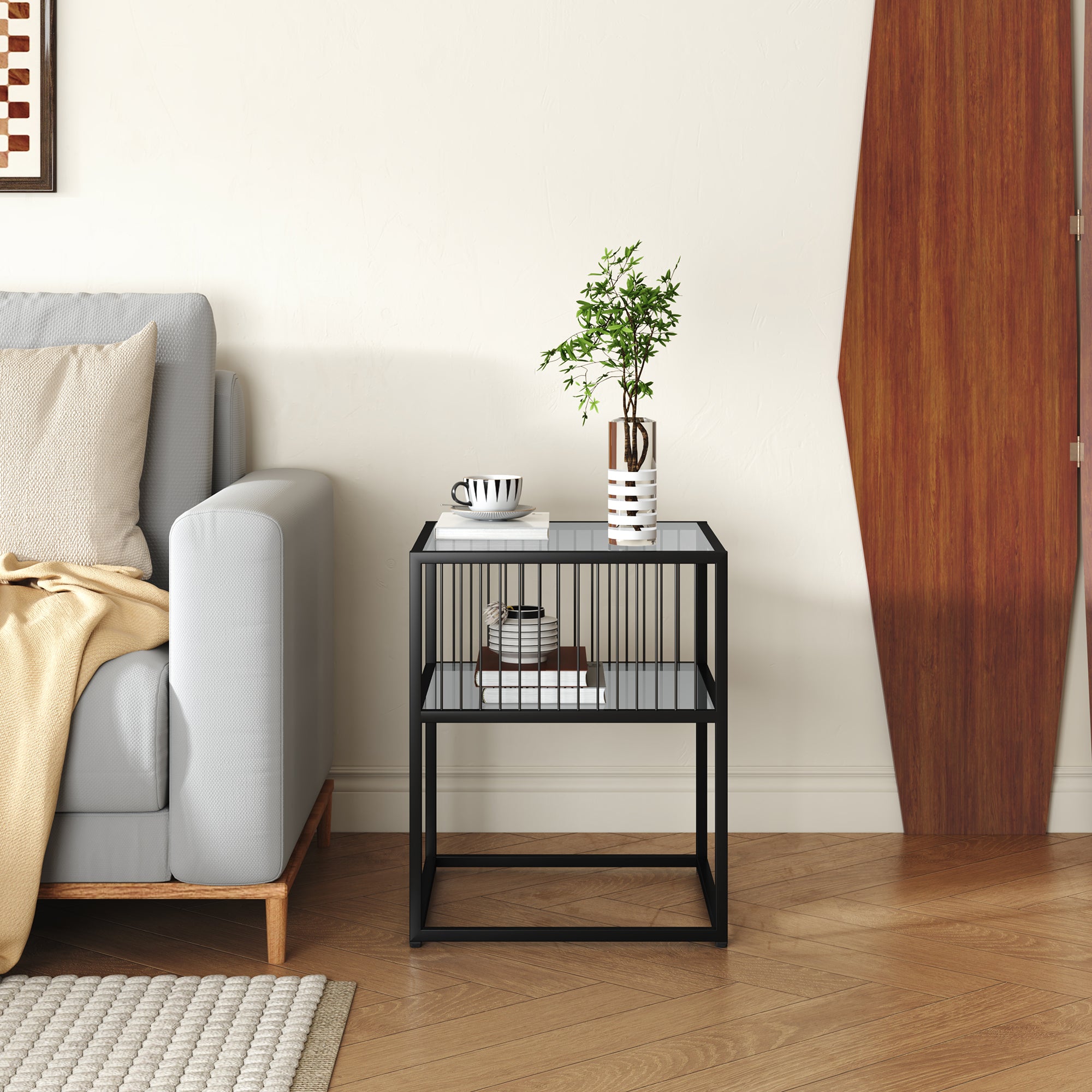 Tavolino Laterale Tronevn con Piano e Ripiano in Vetro Temperato 50 x 40 x 40 cm - Nero [en.casa]