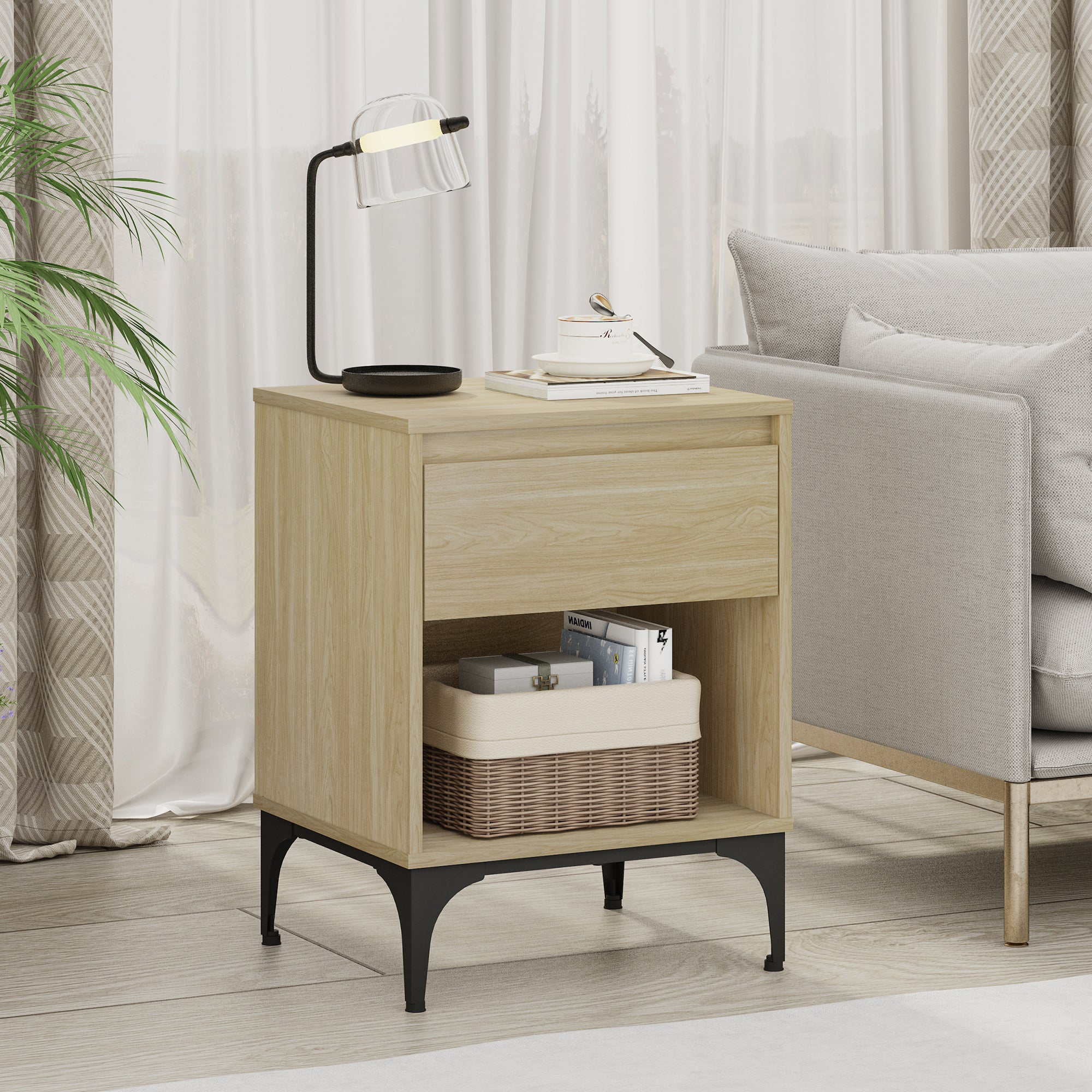 Tavolino Laterale Kistiandi Comodino con Cassetto 62 x 46 x 40 cm - Effetto Rovere Chiaro [en.casa]