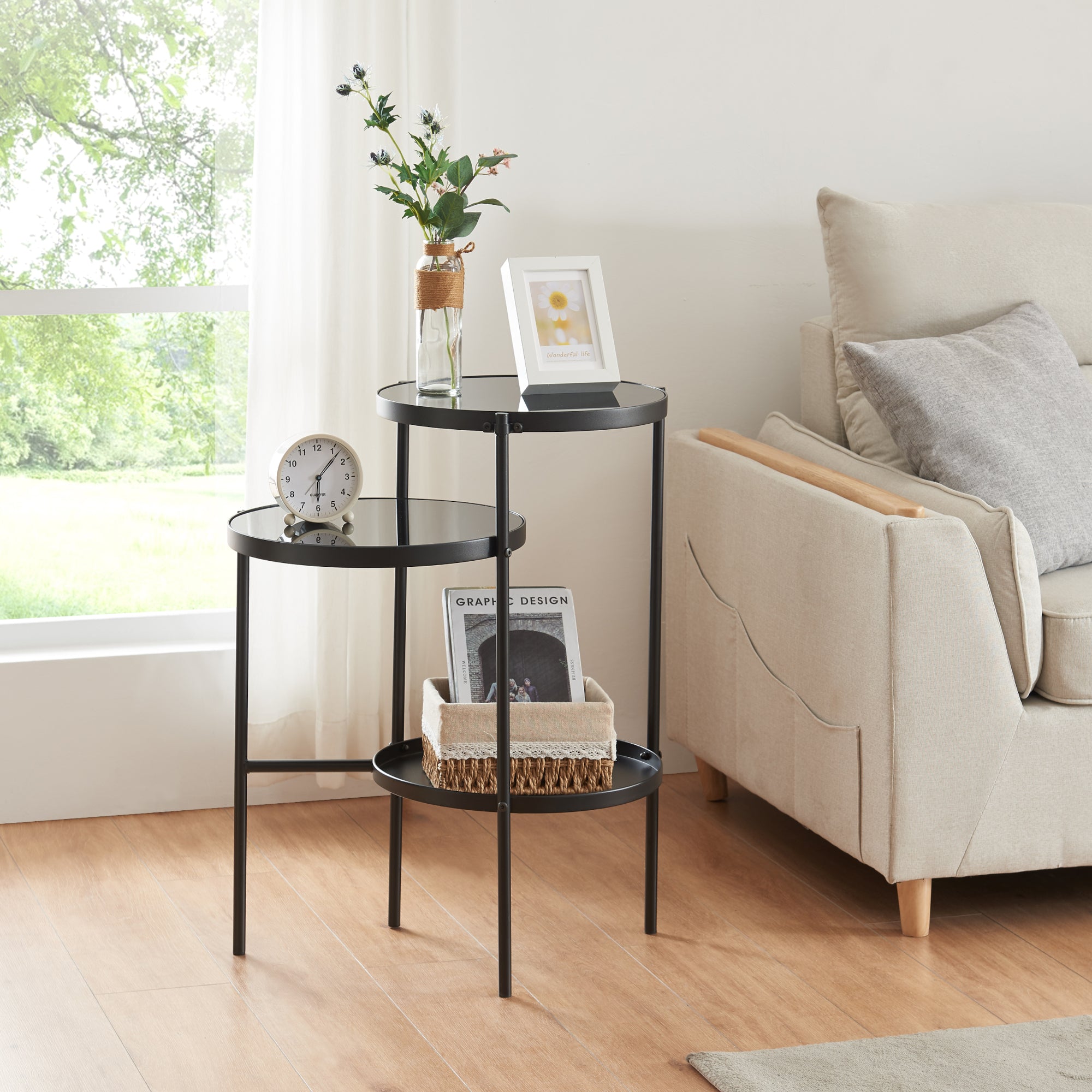 Tavolino da Divano Mölndal a 3 Piani Rotondi in Vetro e Metallo Nero [en.casa]