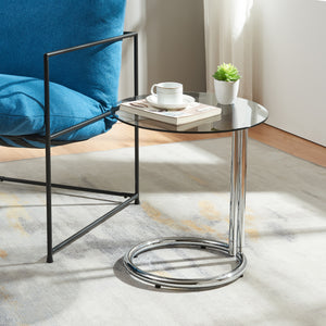 Tavolino Laterale Ylivieska con Piano Rotondo in Vetro Temperato (AxØ) 46 x 45 cm - Cromo / Fumé [en.casa]