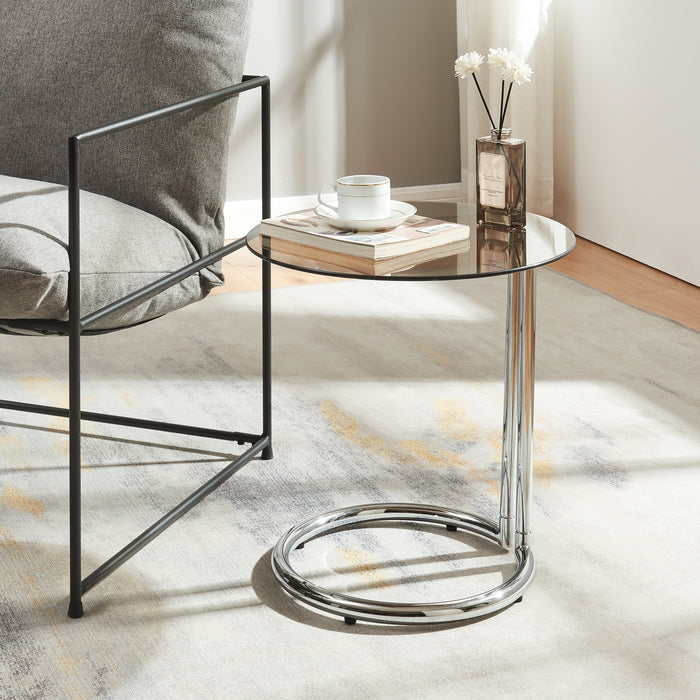 Tavolino Laterale Ylivieska con Piano Rotondo in Vetro Temperato (AxØ) 46 x 45 cm - Cromo / Fumé Bronzo [en.casa]