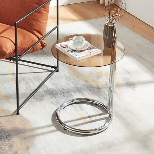 Tavolino Laterale Ylivieska con Piano Rotondo in Vetro Temperato (AxØ) 46 x 45 cm - Cromo / Fumé Ambra [en.casa]