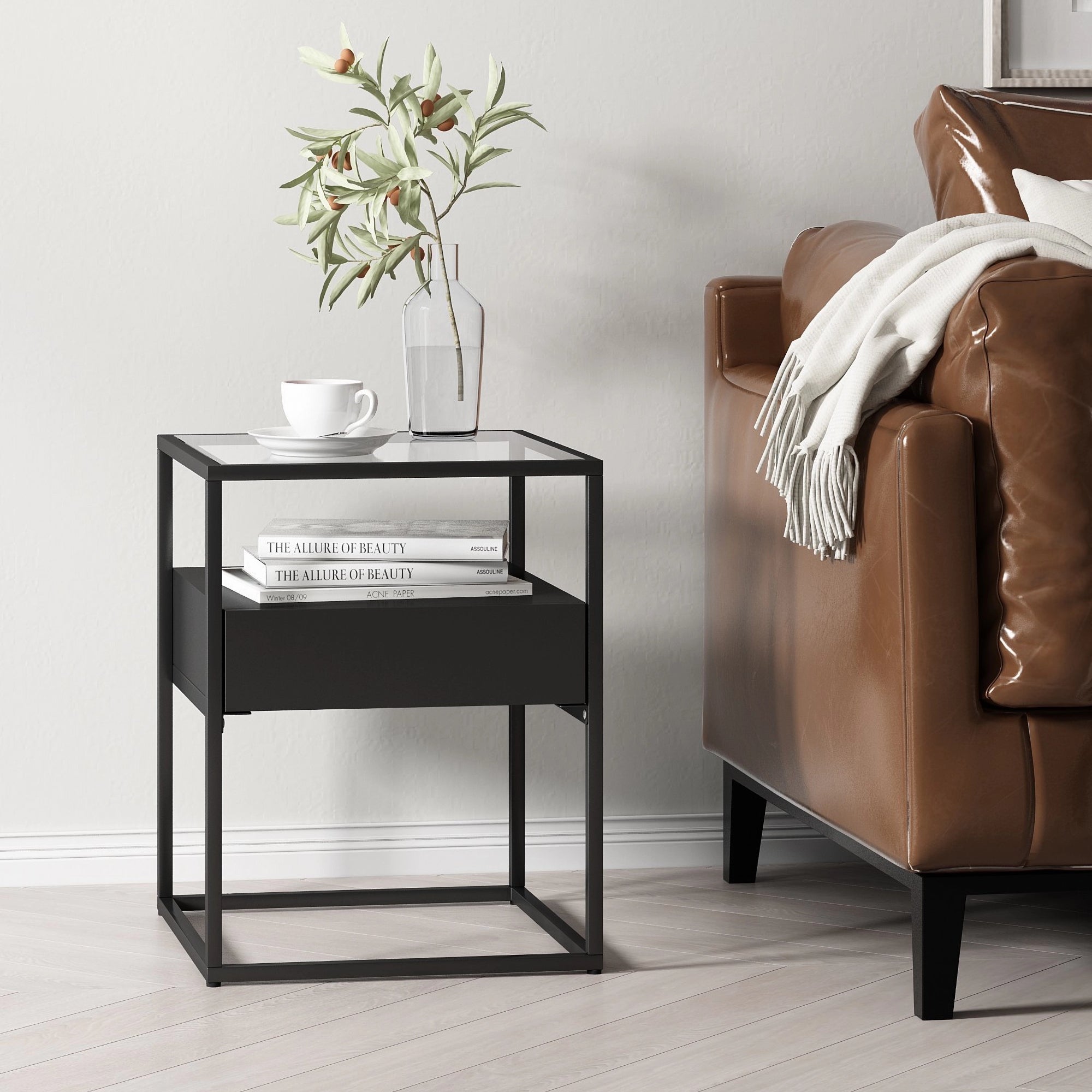 Comodino Vissenbjerg in Acciaio con Cassetto e Piano Tavolo in Vetro - Nero Opaco [en.casa]