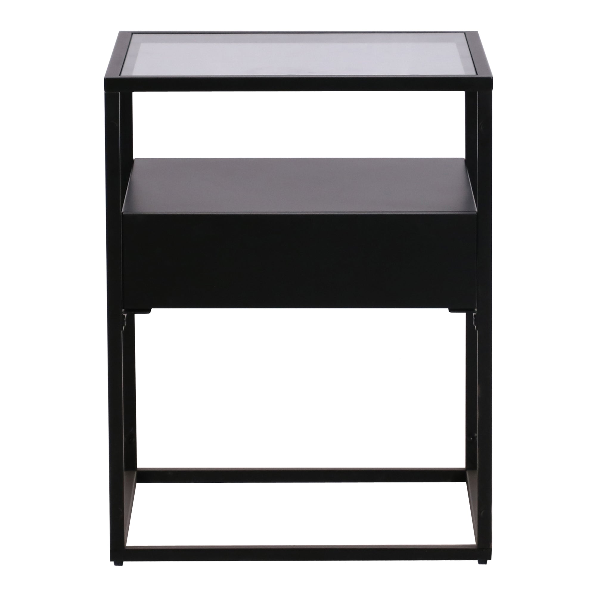 Comodino Vissenbjerg in Acciaio con Cassetto e Piano Tavolo in Vetro - Nero Opaco [en.casa]