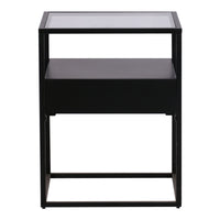 Comodino Vissenbjerg in Acciaio con Cassetto e Piano Tavolo in Vetro - Nero Opaco [en.casa]