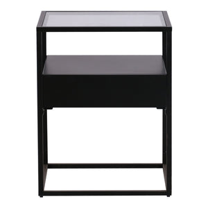 Comodino Vissenbjerg in Acciaio con Cassetto e Piano Tavolo in Vetro - Nero Opaco [en.casa]