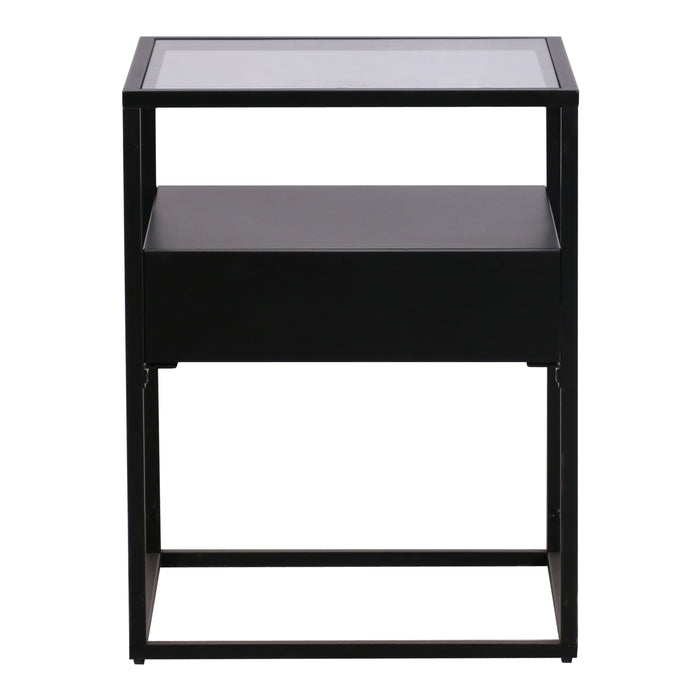 Comodino Vissenbjerg in Acciaio con Cassetto e Piano Tavolo in Vetro - Nero Opaco [en.casa]