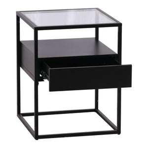 Comodino Vissenbjerg in Acciaio con Cassetto e Piano Tavolo in Vetro - Nero Opaco [en.casa]