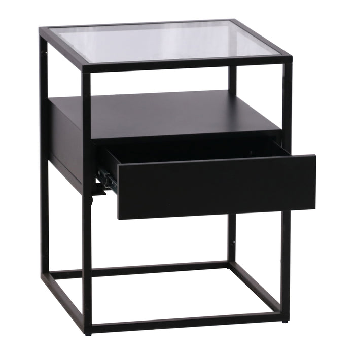 Comodino Vissenbjerg in Acciaio con Cassetto e Piano Tavolo in Vetro - Nero Opaco [en.casa]