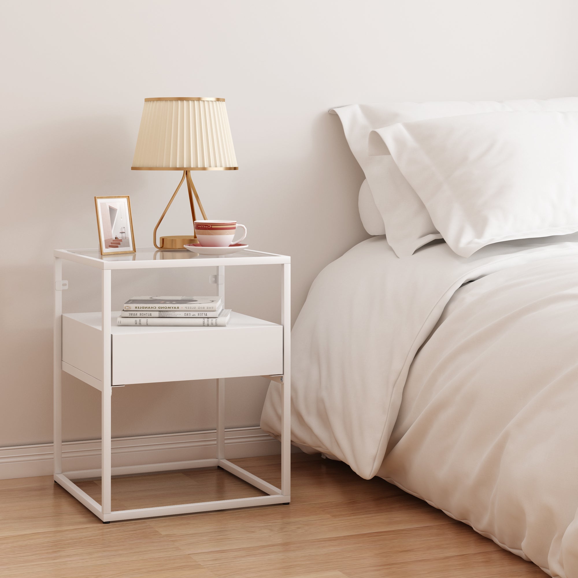 Comodino Vissenbjerg in Acciaio con Cassetto e Piano Tavolo in Vetro - Bianco Opaco [en.casa]