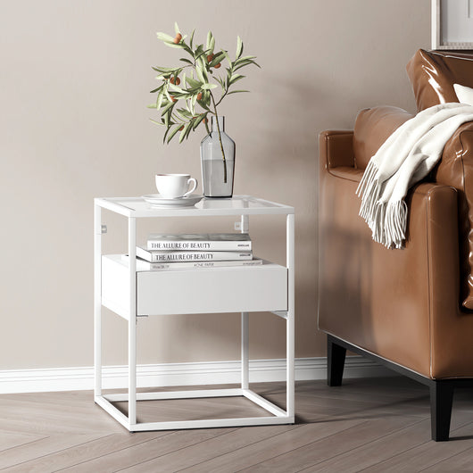 Comodino Vissenbjerg in Acciaio con Cassetto e Piano Tavolo in Vetro - Bianco Opaco [en.casa]