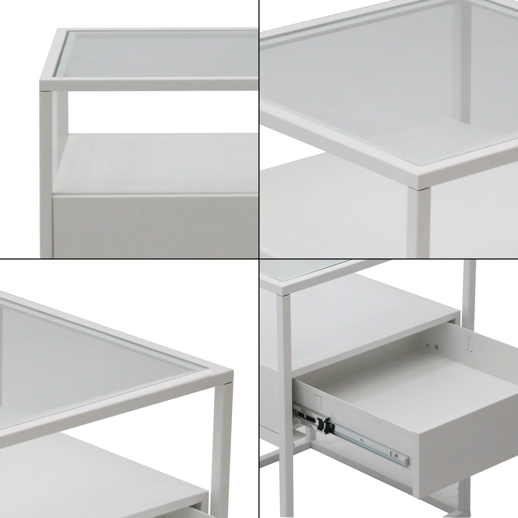 Comodino Vissenbjerg in Acciaio con Cassetto e Piano Tavolo in Vetro - Bianco Opaco [en.casa]