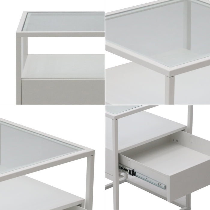 Comodino Vissenbjerg in Acciaio con Cassetto e Piano Tavolo in Vetro - Bianco Opaco [en.casa]