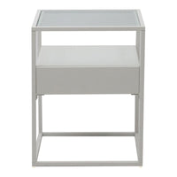 Comodino Vissenbjerg in Acciaio con Cassetto e Piano Tavolo in Vetro - Bianco Opaco [en.casa]