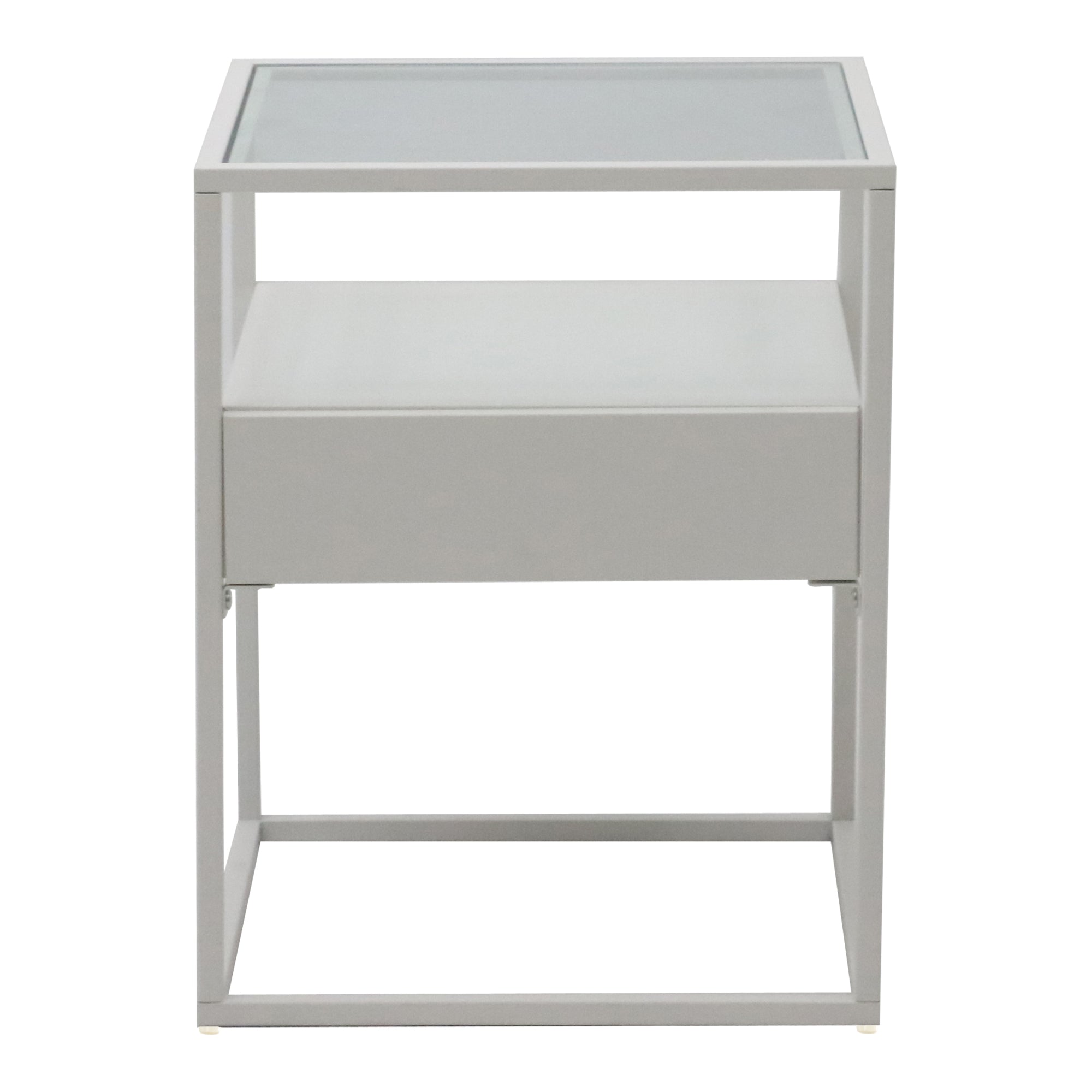 Comodino Vissenbjerg in Acciaio con Cassetto e Piano Tavolo in Vetro - Bianco Opaco [en.casa]