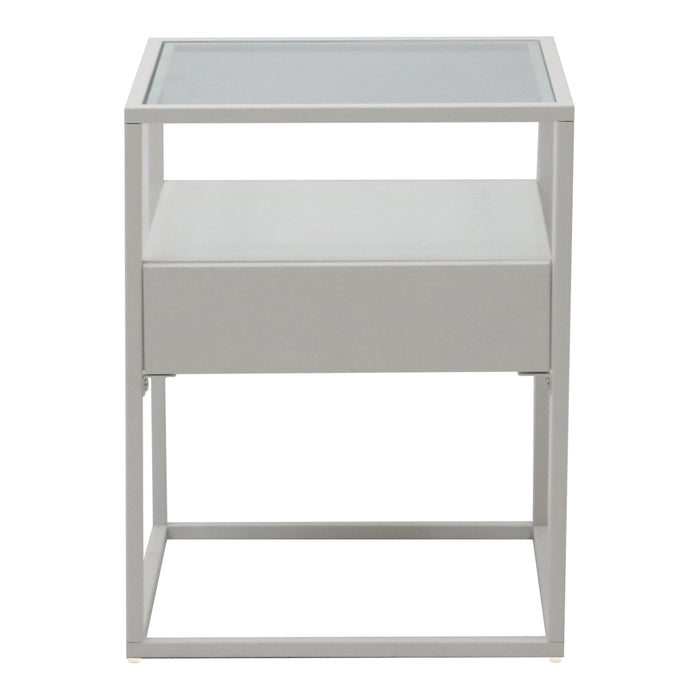 Comodino Vissenbjerg in Acciaio con Cassetto e Piano Tavolo in Vetro - Bianco Opaco [en.casa]