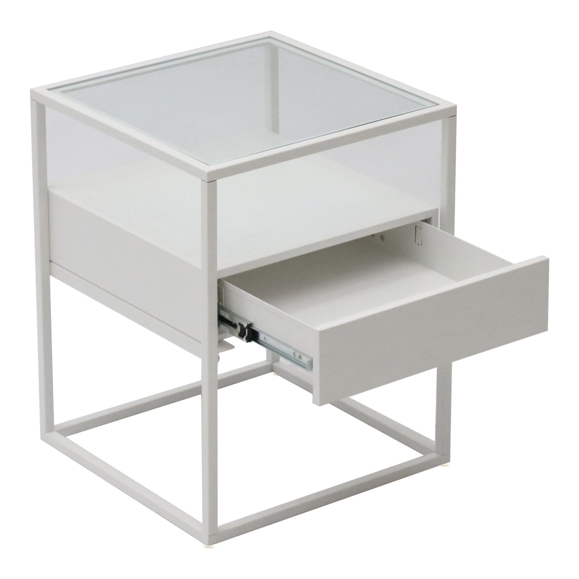 Comodino Vissenbjerg in Acciaio con Cassetto e Piano Tavolo in Vetro - Bianco Opaco [en.casa]