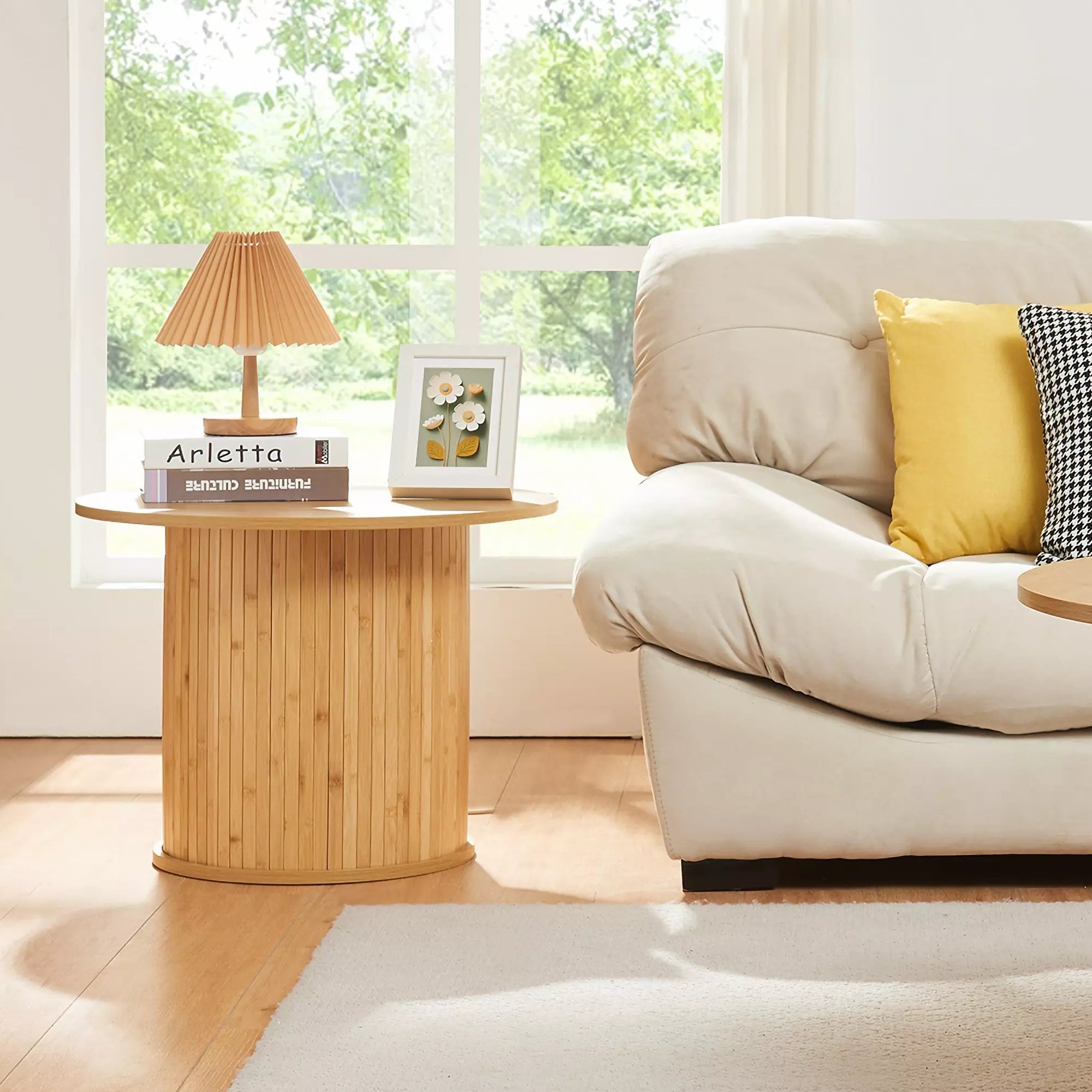 Tavolino da Caffè Rotondo Ledepid 45xØ60 cm con Piano Sporgente  - Naturale [en.casa]