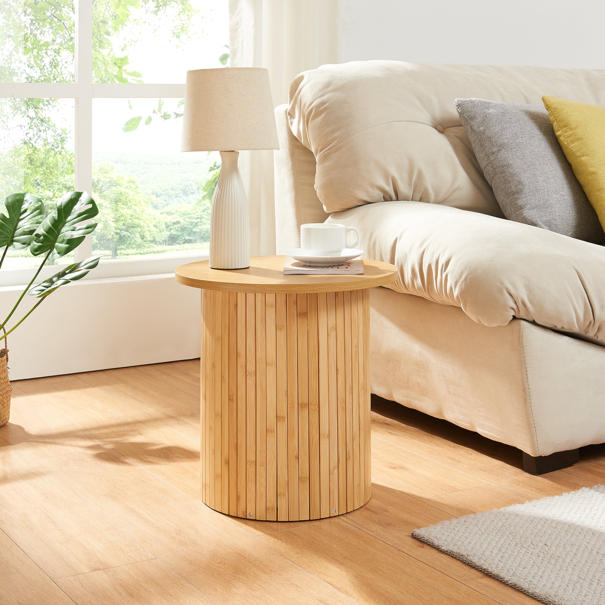 Tavolino da Caffè Rotondo Ledepid 40 x Ø40 cm con Piano Sporgente  - Naturale [en.casa]