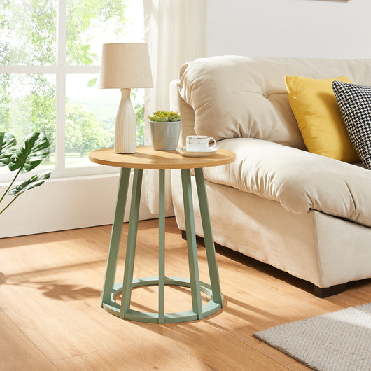 Tavolino da Divano Lensuu con Piano Rotondo in Effetto Rovere e Base Verde Pastello 48 x Ø48 cm [en.casa]