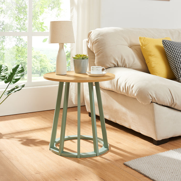 Tavolino da Divano Lensuu con Piano Rotondo in Effetto Rovere e Base Verde Pastello 48 x Ø48 cm [en.casa]