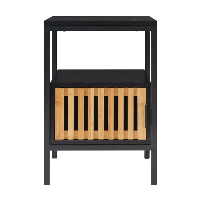 Comodino Tavolino Luniehti con Anta in Bambù 58 x 40 x 33 cm - Nero/Naturale [en.casa]