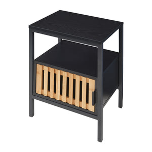 Comodino Tavolino Luniehti con Anta in Bambù 58 x 40 x 33 cm - Nero/Naturale [en.casa]