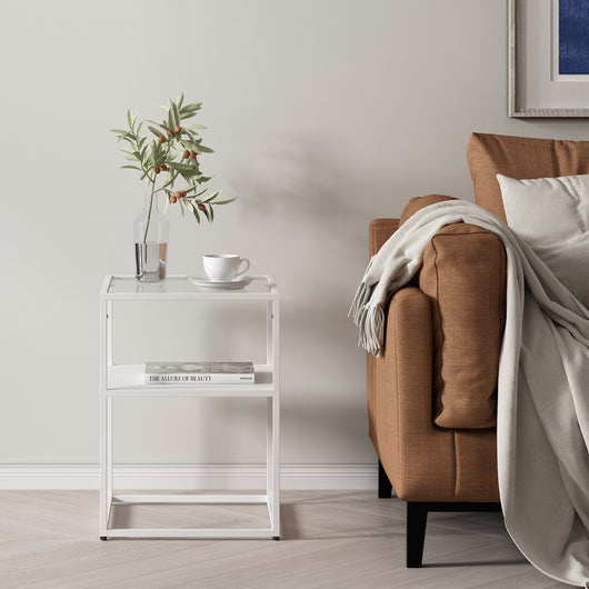 Tavolino da Divano Solund Piano Tavolo in Vetro 55 x 40 x 40 cm Acciaio Bianco opaco [en.casa]