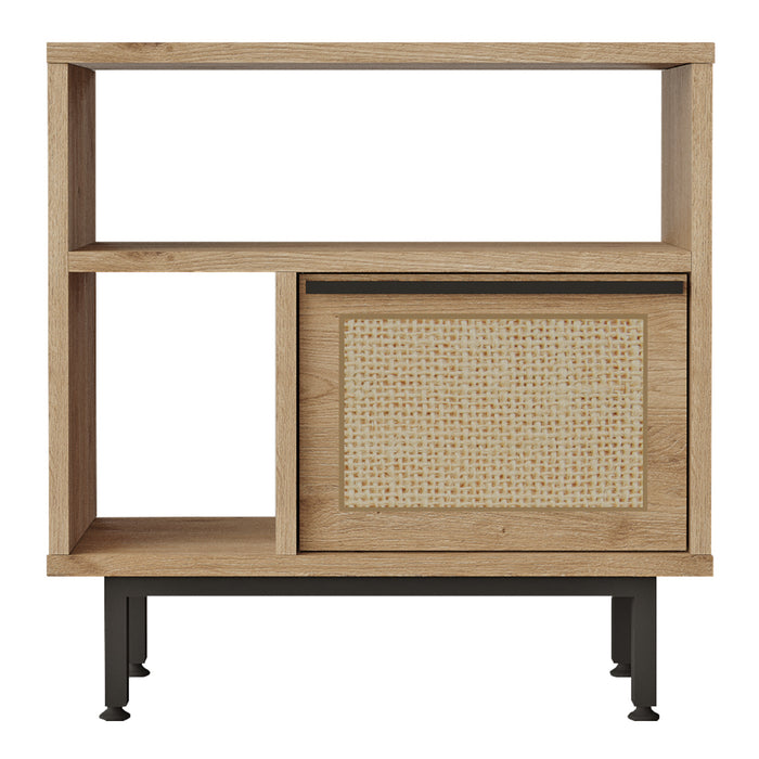Tavolino Laterale da Divano Kvænangen 60x60x26 cm Effetto Rovere / Rattan [en.casa]
