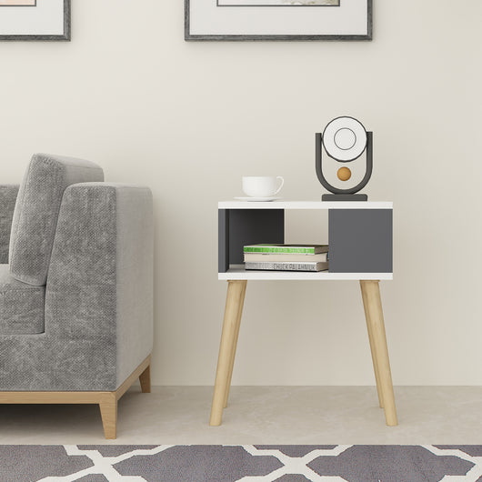 Comodino 'Lekeberg' Tavolino Basso con Scomparto e Gambe in Legno - Bianco / Antracite [en.casa]