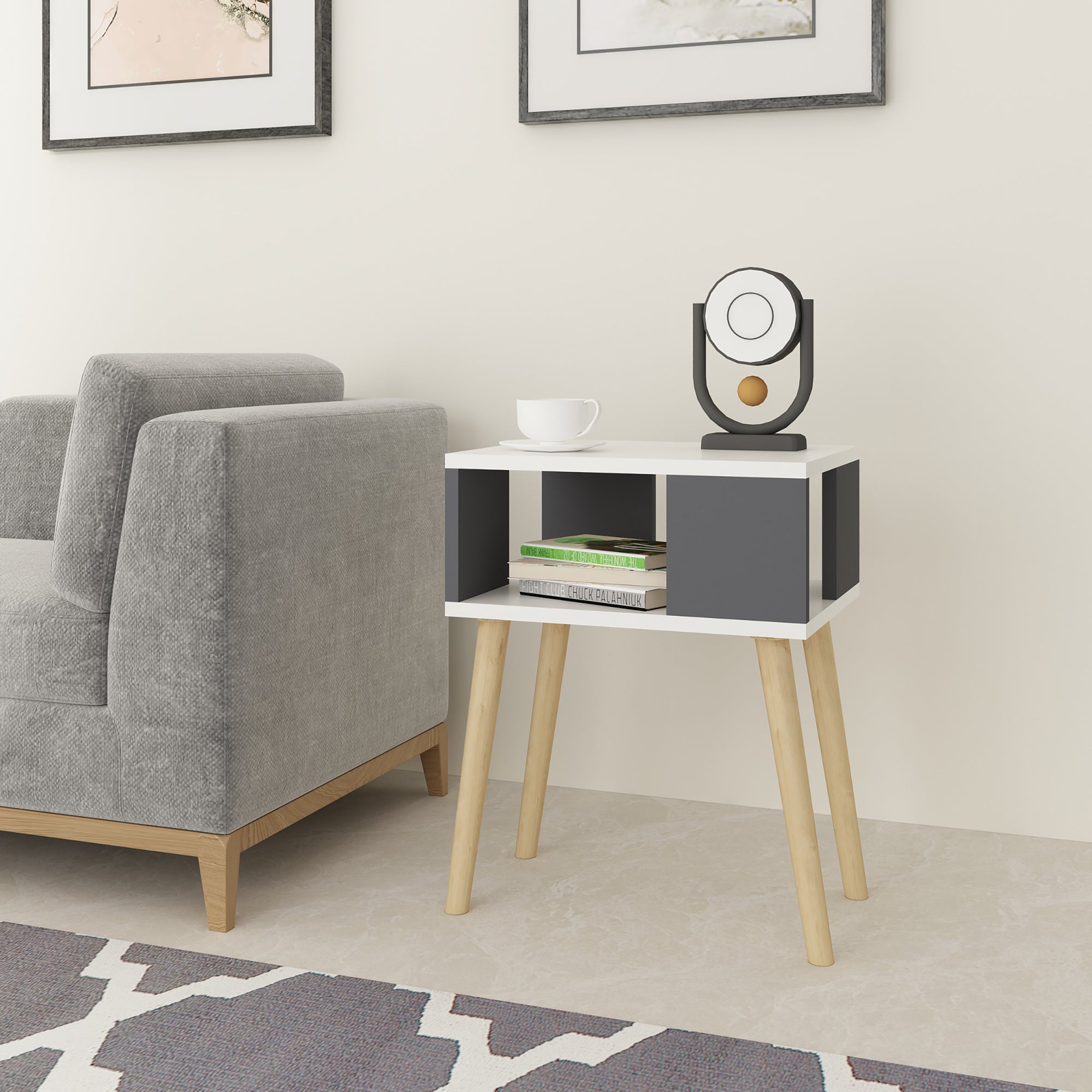 Comodino 'Lekeberg' Tavolino Basso con Scomparto e Gambe in Legno - Bianco / Antracite [en.casa]