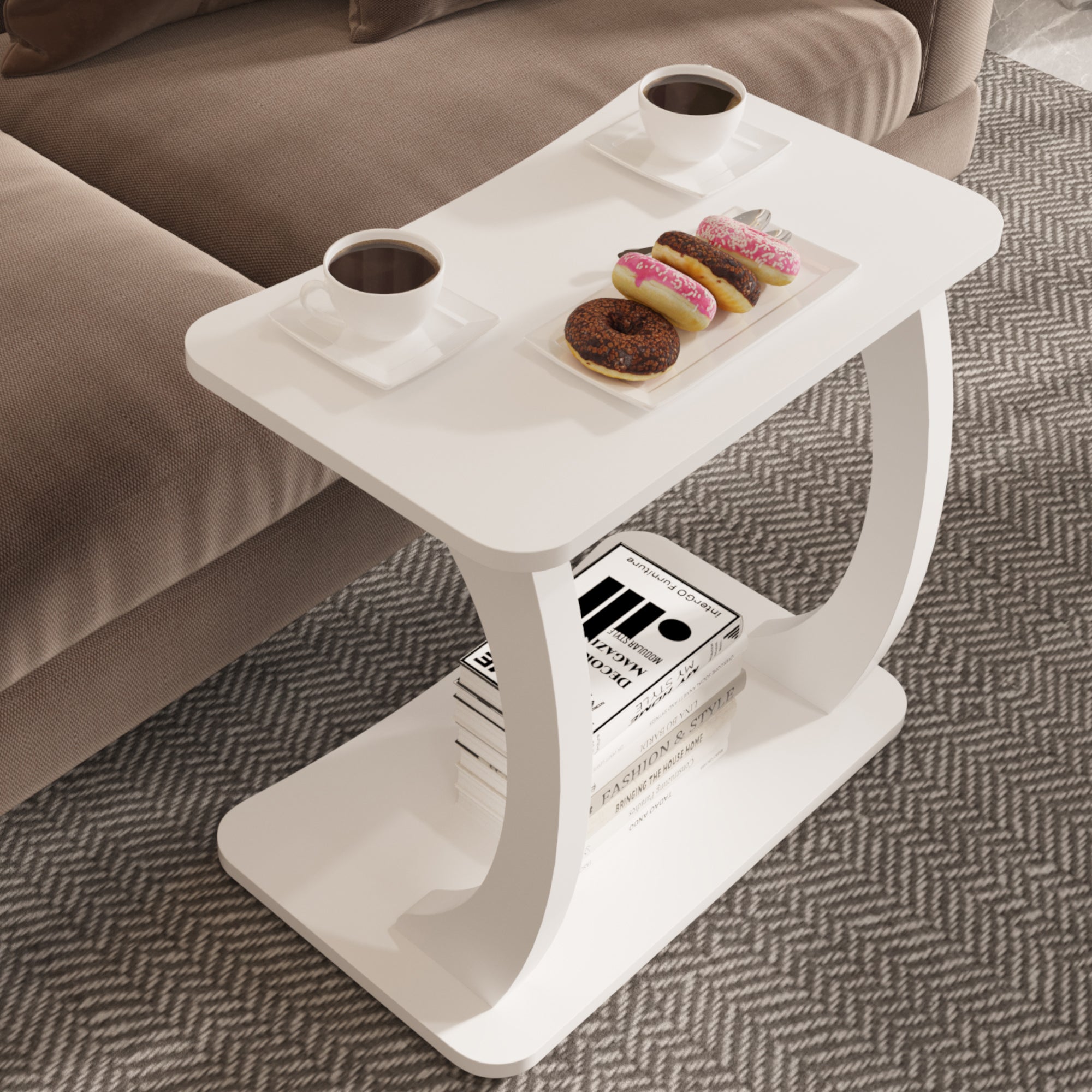 Tavolino Laterale Stattela a Forma di C con Rotelle 59 x 35 x 56 cm - Bianco [en.casa]