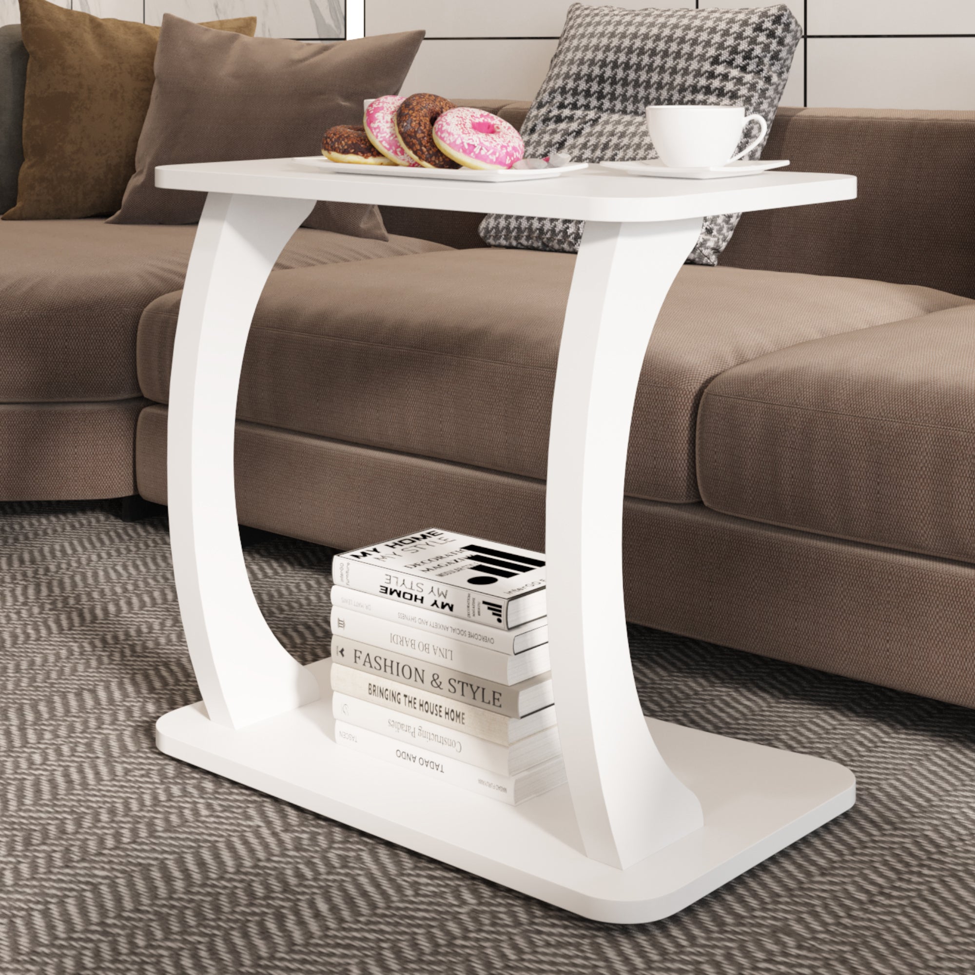 Tavolino Laterale Stattela a Forma di C con Rotelle 59 x 35 x 56 cm - Bianco [en.casa]