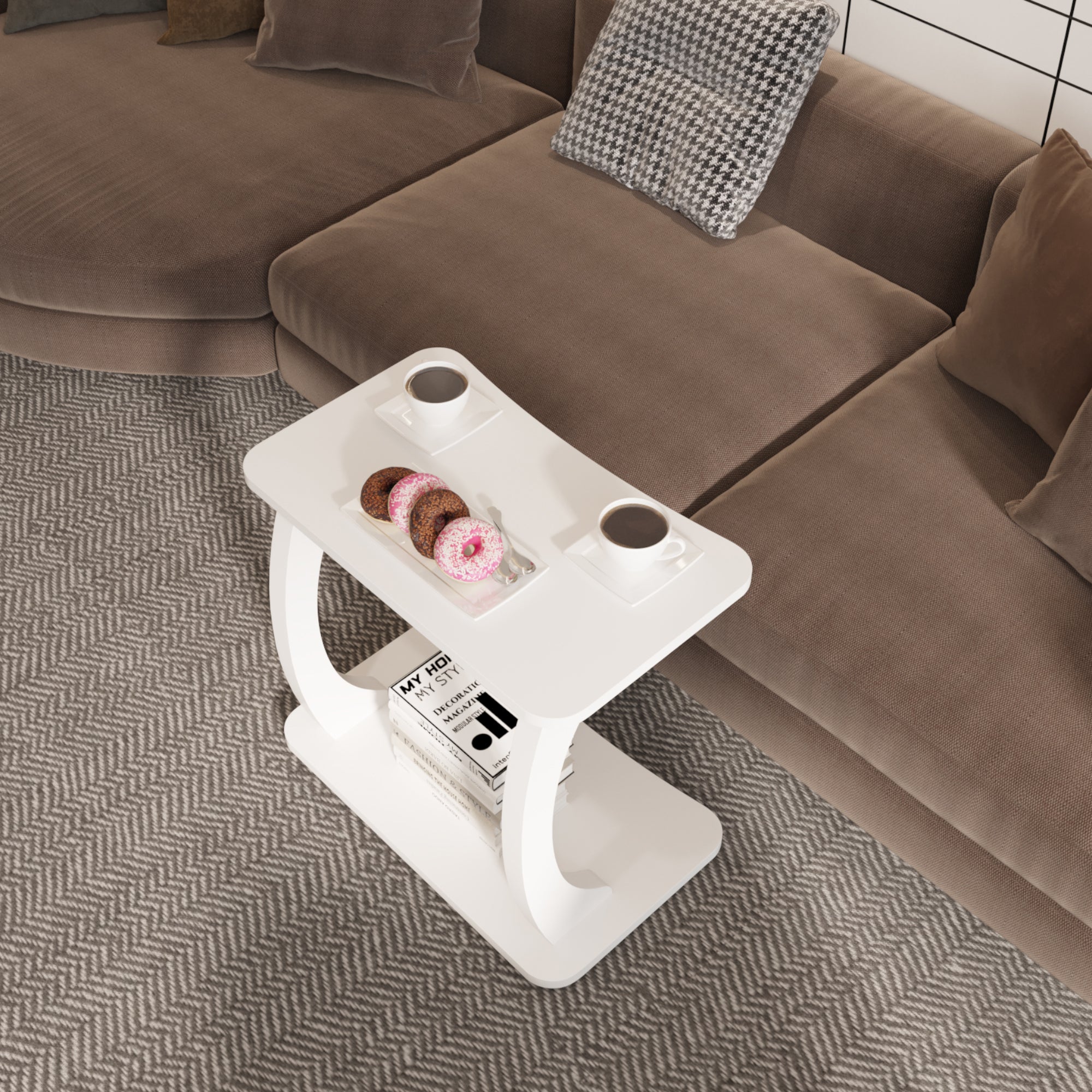 Tavolino Laterale Stattela a Forma di C con Rotelle 59 x 35 x 56 cm - Bianco [en.casa]