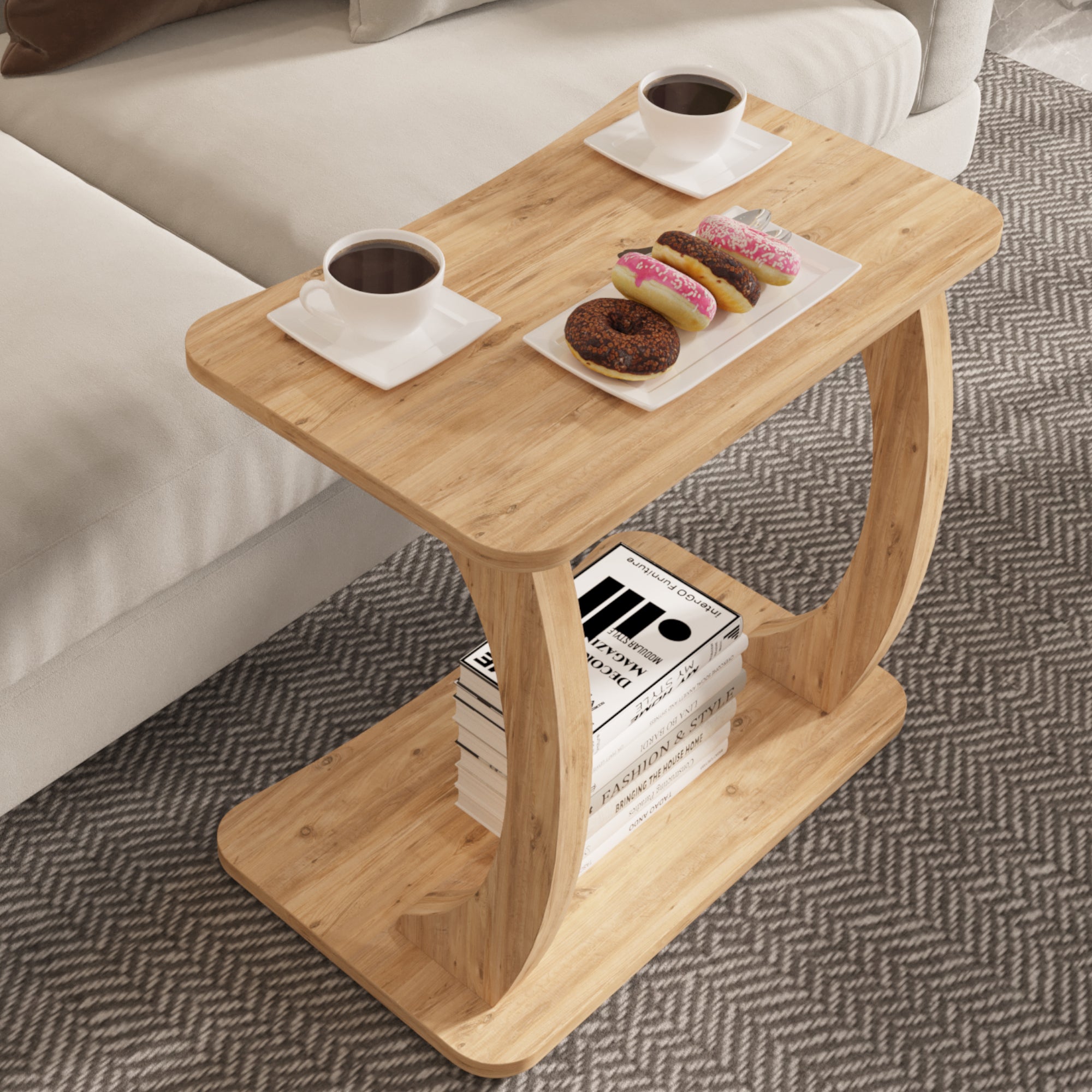 Tavolino Laterale Stattela a Forma di C con Rotelle 59 x 35 x 56 cm - Effetto Legno [en.casa]