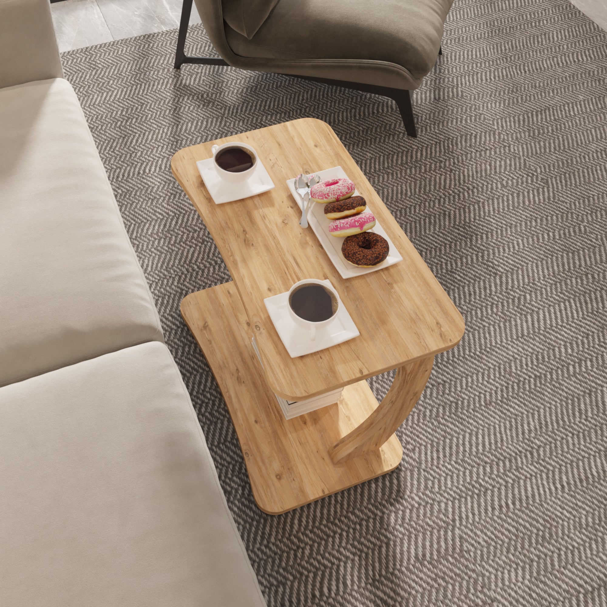 Tavolino Laterale Stattela a Forma di C con Rotelle 59 x 35 x 56 cm - Effetto Legno [en.casa]