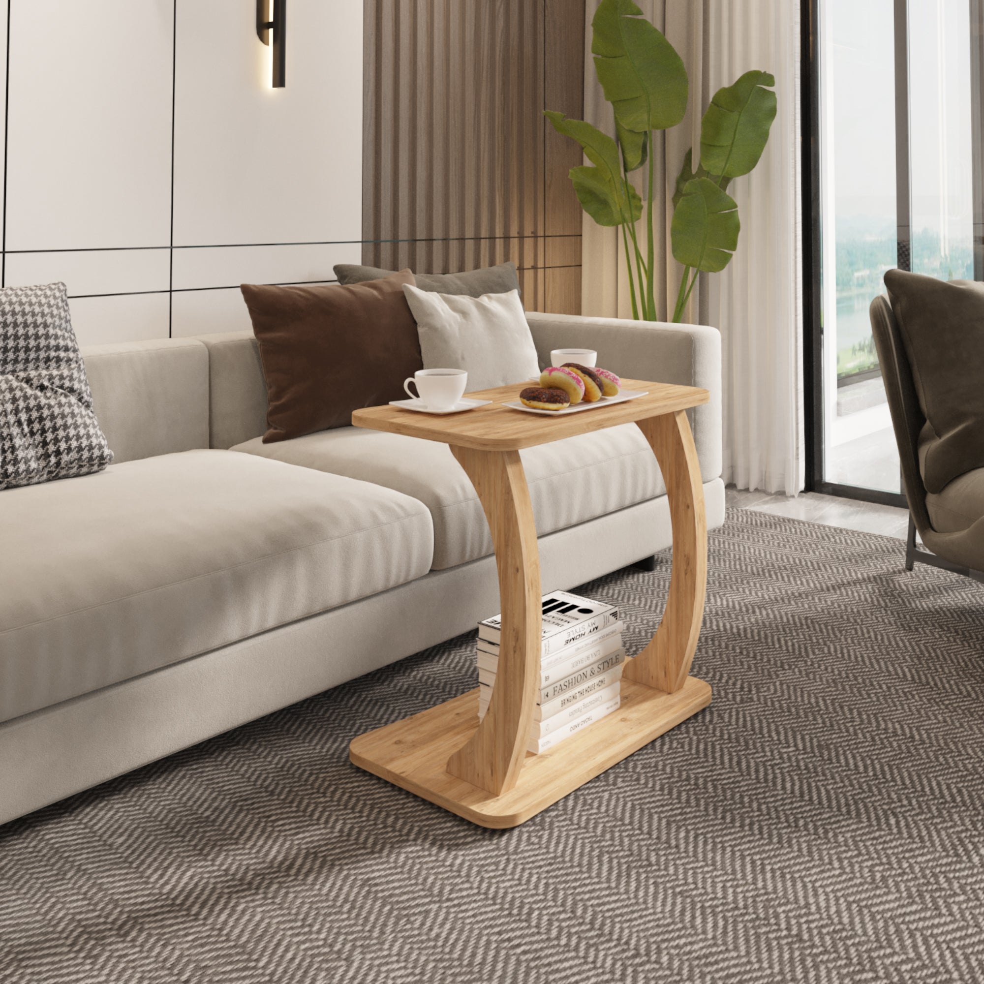 Tavolino Laterale Stattela a Forma di C con Rotelle 59 x 35 x 56 cm - Effetto Legno [en.casa]