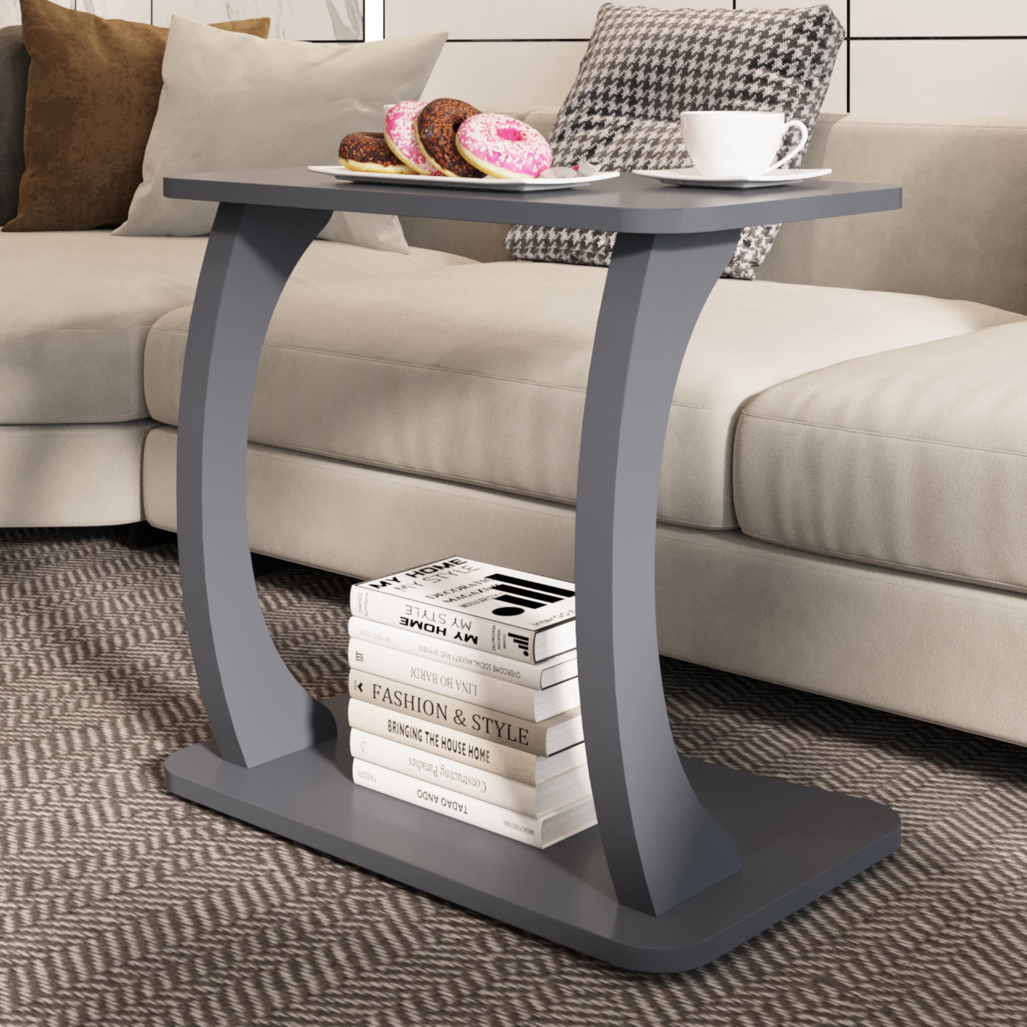 Tavolino Laterale Stattela a Forma di C con Rotelle 59 x 35 x 56 cm - Grigio [en.casa]